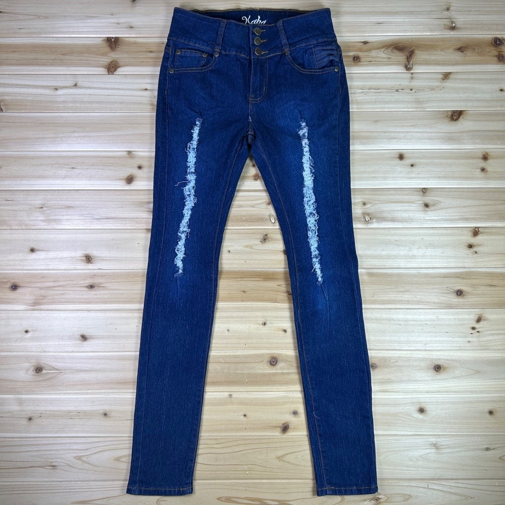 Kaba Jeans Womens 11 Distressed Skinny Mid Rise Braided Pockets Denim Blue Jeans